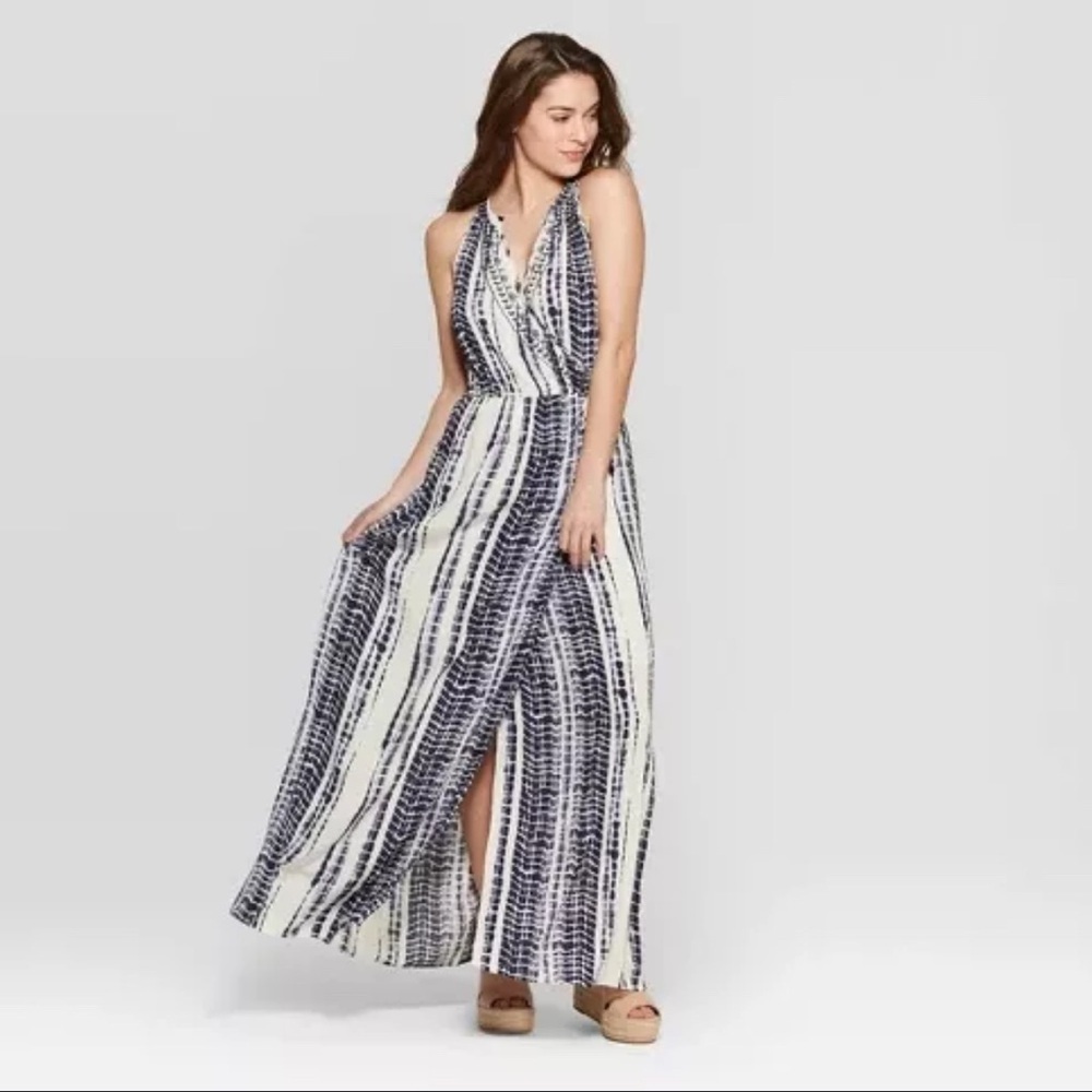 Elegant Blue and White Striped Maxi Dress with floral embroidery.